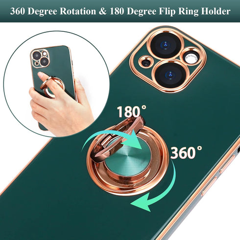 Design for iPhone 13 Case, 360° Rotatable Ring Holder Magnetic Kickstand, Soft Silicone Ultra Slim Edge Plating 6.1 Inch