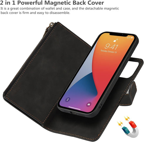iCoverCase Wallet Phone Case for iPhone 13 Pro, PU Leather Zipper Pocket with Card Holder and Wrist Strap (Black)