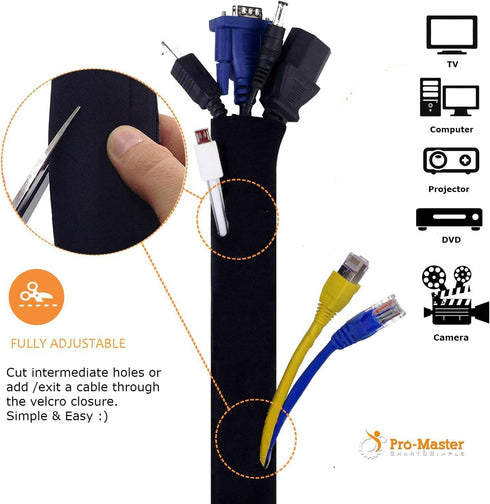 Premium 63'' Cable Management Sleeve, Adjustable Reversible Black and White Neoprene Cord Hider for TV, Desk, Home