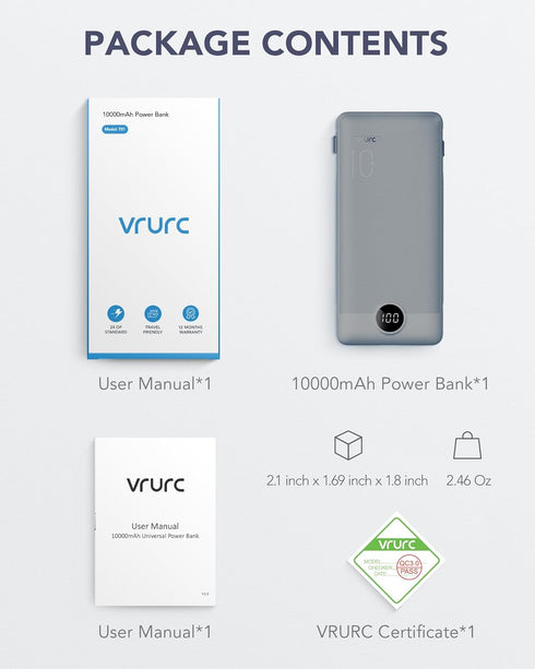 VRURC Portable Charger 10000mAh, Built-in Cables and AC Wall Plug, USB C Power Bank for Smart Phones and Tablets (Grey)