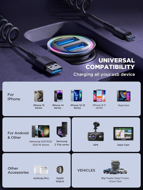 JOYROOM 4.8A Car Phone Charger, Mini All Metal Cigarette Lighter USB Charger with Type C Coiled Cable for iPhone 15 Pro