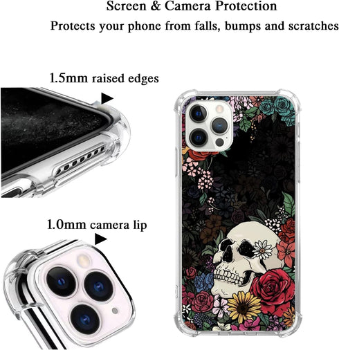 Floral Skull Case for iPhone 15 Pro Max, Unique Trendy TPU Bumper Cover with Sugar Skull and Flowers Design