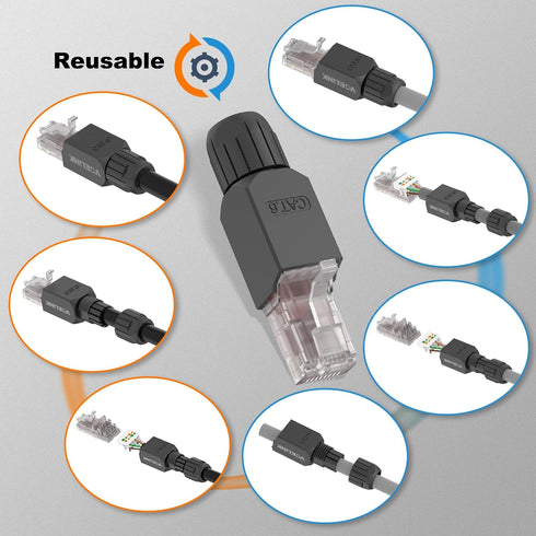 VCELINK RJ45 Connector Tool-Free, CAT6 Field Termination Plug, Gold Plated Modular Plug for 23 to 26 AWG Cable