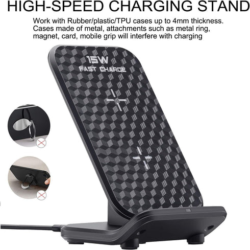 Wireless Charging Station, 15W Fast Qi-Certified Inductive Phone Charger Dock Compatible with iPhone 15 14 13 12 11 Pro