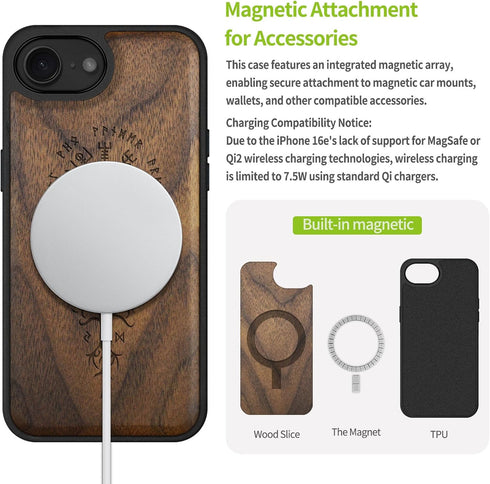 Carveit 16e 17e, Magnetic Wooden Case for iPhone / Solid Wood & Black TPU, Artisan Engraved Design, Shockproof Cover