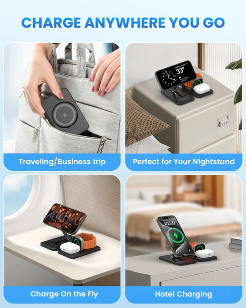 JoyGeek Magnetic Wireless Charging Station for Apple Devices, 3 in 1 Foldable Charger Stand for MagSafe, Compatible