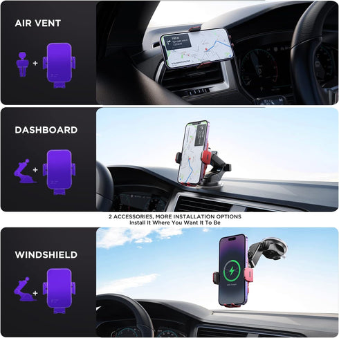 Wireless Car Charger, 15W Auto Clamping Phone Mount with 7 Colored RGB Backlit for iPhone 15 14 13 12 Mini Pro Max