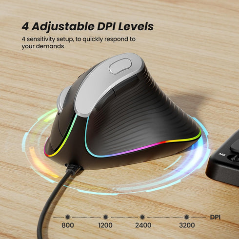 Nulea M504 Wired Vertical Mouse, USB Optical Ergonomic Mouse with 4 Adjustable DPI, 11 RGB Backlight Modes, Black
