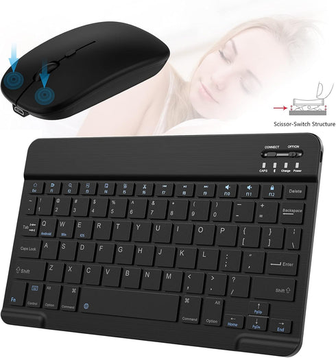 Ultra-Slim Small Bluetooth Keyboard and Mouse Combo, Portable Rechargeable Wireless Keyboard for Android Tablet, Black