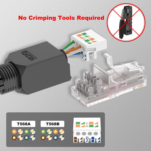 VCELINK RJ45 Connector Tool-Free, CAT6A Field Termination Plug, Gold Plated Modular Plug, UTP CAT6A Connector Toolless for 23 to 26 AWG Network Cable, 6 Pack, Black