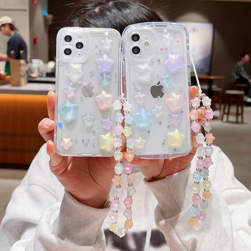 Clear Cute 3D Case for iPhone 11, Colorful Sparkling Stars with Bracelet Chain Design for Girls, Kawaii