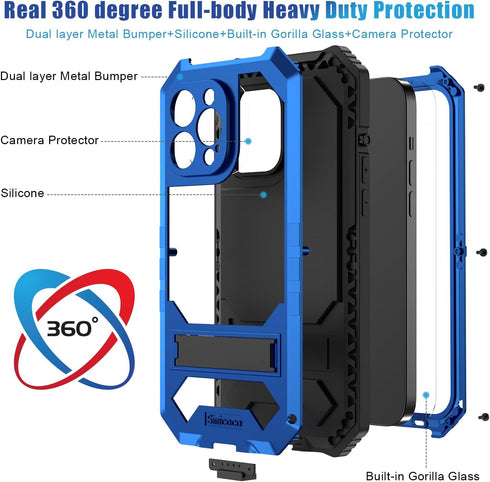 JGY iPhone 14 Pro Max IP68 Waterproof Case, Military Metal Stand Case with Screen Protector, Slim Full Cover, Blue