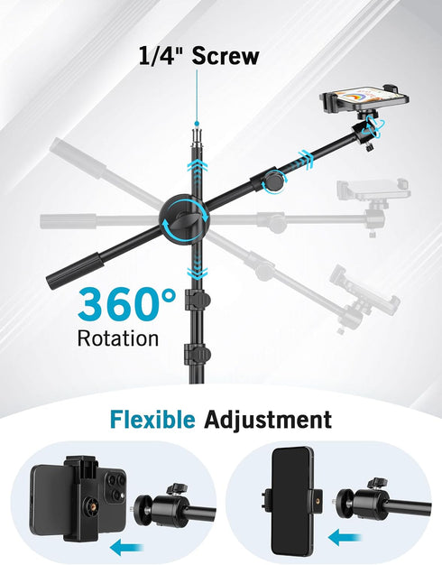 Nineigh 64" 25" 360 Overhead Tripod for iPhone, Phone Tripod Stand with Long Extendable Arm & Remote, Rotating Overhead