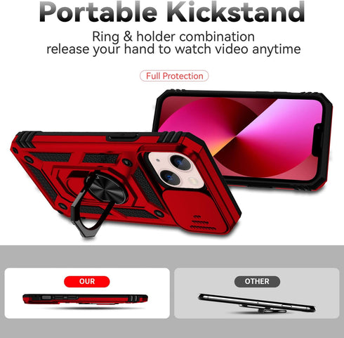 Hitaoyou Military Grade Shockproof Case for iPhone 13 - Heavy Duty Protective Case with Camera Cover & Kickstand - Red