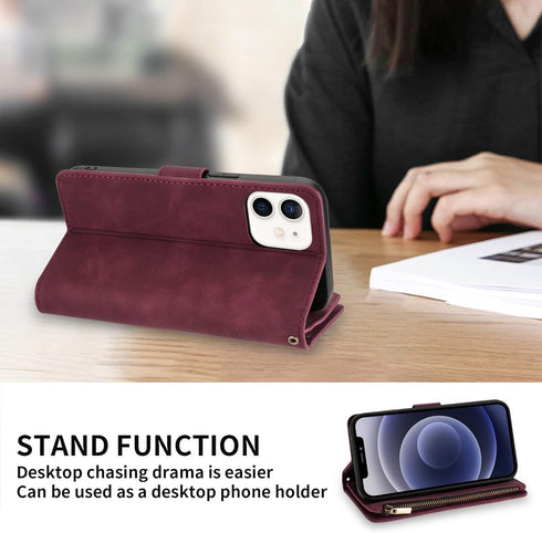 ZZXX Wallet Case for iPhone 12 Pro, Premium Soft PU Leather Zipper Folio with Card Slot, Wine Red 6.1 inch