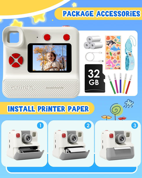 Instant Print Paper - 5 Rolls Black & White for Kids Instant Print Camera, NO-Ink HD Thermal Print Paper Set