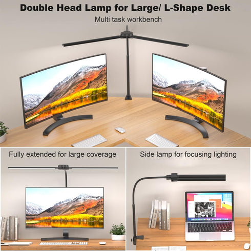 KableRika Double Head LED Desk Lamp with Clamp, Eye-Caring Desktop Office Lamp for Study and Reading