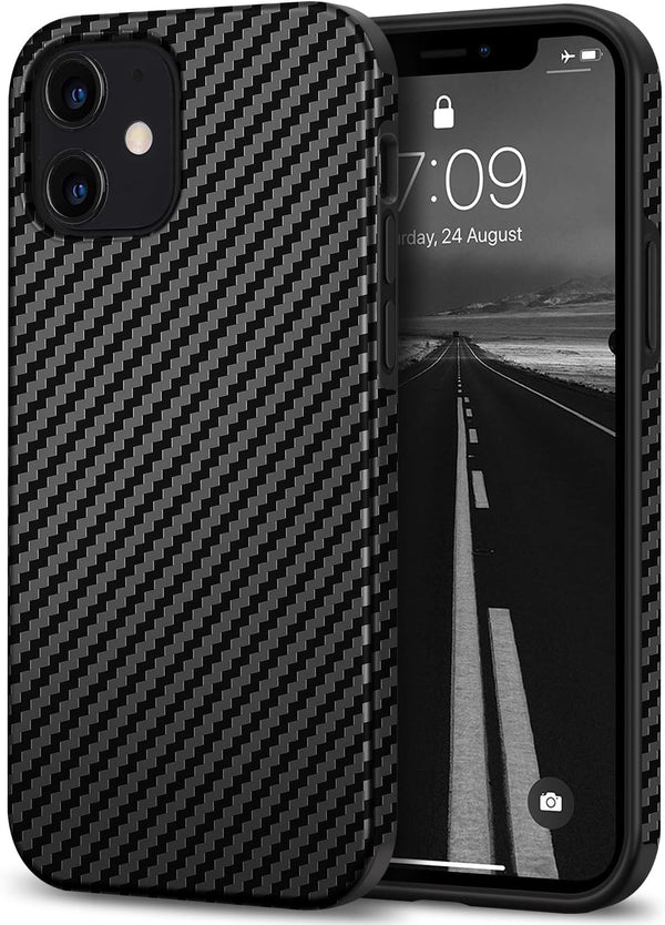 Tasikar iPhone 12 Mini Case Carbon Fiber Leather Design with TPU Hybrid Slim Case (Black)