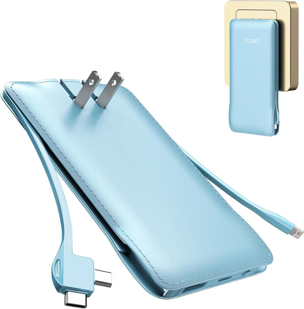 TG90° 10000mAh Power Bank with Built-in Foldable AC Wall Plug and Cables, Ultra Slim Portable Charger for iPhone 16/15