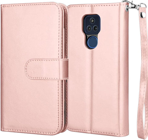 Njjex Wallet Case for Moto G Play 2021, PU Leather Folio Flip with 9 Card Slots, Detachable Kickstand & Lanyard (Rose