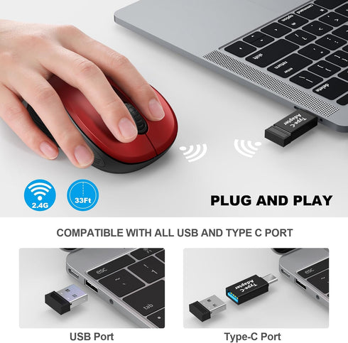 WisFox 2.4G Wireless Mouse for Laptop, Ergonomic Computer Mouse with USB Receiver and Type-C Adapter, Red