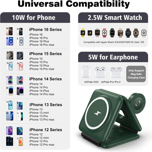 3 in 1 Wireless Charger for iPhone, Foldable Charging Station for iPhone 16 15 14 13 12 Pro Max, Watch & AirPods