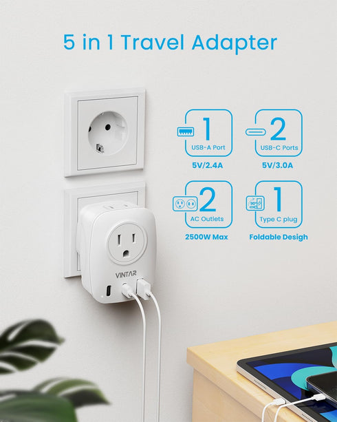 VINTAR European Travel Plug Adapter, Foldable International Power Plug with 2 AC Outlets 3 USB Ports for US to Europe