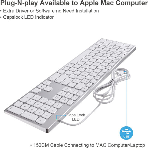 USB Wired Keyboard with Numeric Keypad - Ultra-Slim Aluminum Full Size Computer Keyboard for Mac Pro, MacBook Pro/Air,