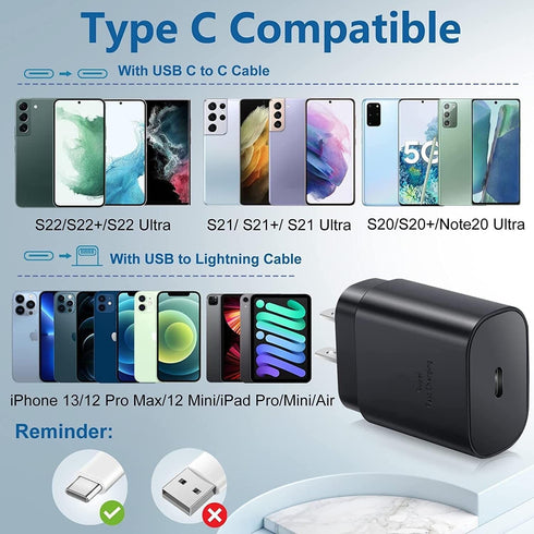 Type C Charger, 25W USB-C PD Fast Charging with 6ft Cable for Samsung Galaxy