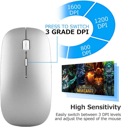 Wireless Mouse, 2.4G Slim Mute Silent Click Noiseless Optical Mouse with USB Receiver and Type C Adapter Compatible with Notebook, PC, Laptop, Computer, MacBook (Silver)