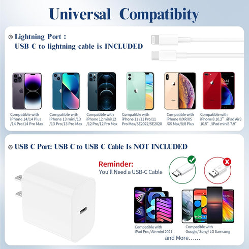 20W MFi Certified USB C Fast Charger for iPhone 14/13/12/11/XS/XR/X/8/iPad, 2-Pack with 6FT Type-C to Lightning Cables.
