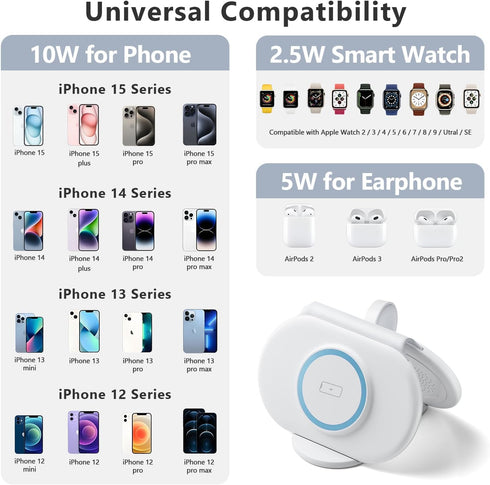 2024 Version 3 in 1 Wireless Charger Super Fast Charging Station for iPhone, Apple Watch, AirPods, White, Travel Dock