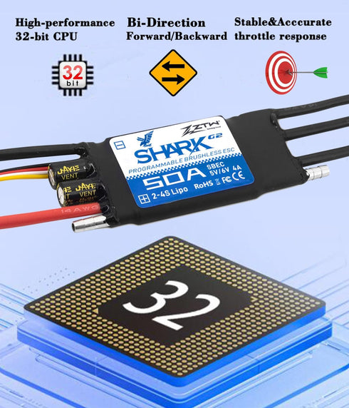ZTW G2 50A 6A/5V Shark Series Bi-Direction Water Cooling Brushless ESC with SBEC for RC Boat and Other DIY Project