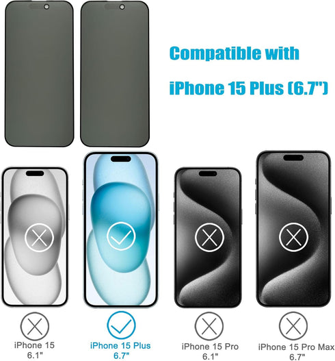 iPhone 15 Plus Matte Privacy Screen Protector 6.7" - 2 Pack, Anti-Spy, Scratch Resistant, Smooth Touch, Eye Protection.