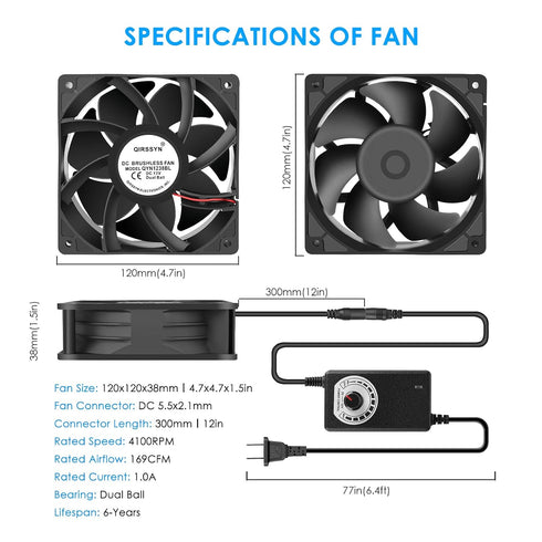 High CFM Computer Fan 120mm x 38mm, 110V 220V AC Powered Variable Speed Cooling Fan for Receiver, Xbox, Server Cabinet