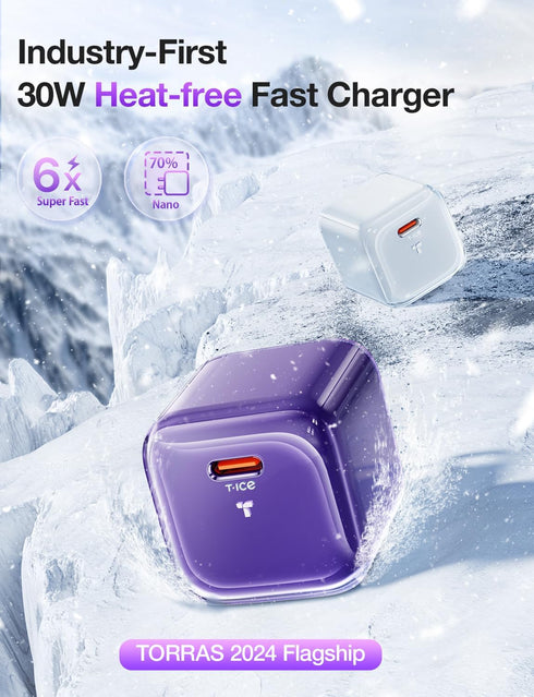 TORRAS Low Temp 30W USB C Charger Block for iPhone15/14 Pro Max?Heat-Free Ensure Security??2024 GaN PD3.0 Compact? Fast Charging Safely for Samsung Galaxy S24 Ultra, MacBook Air, iPad, Pixel...Purple