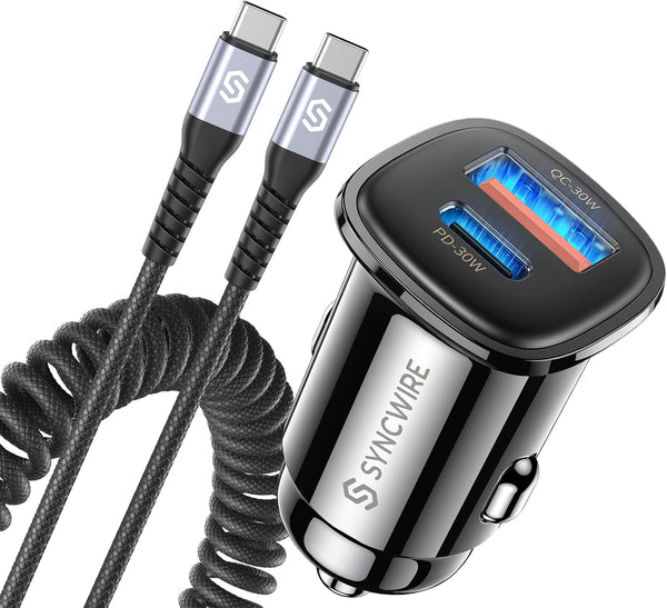 Syncwire USB C Car Charger 60W with PD 30W & QC 30W Fast Charging Adapter and 5FT Type C Cable for Samsung S23/S22,