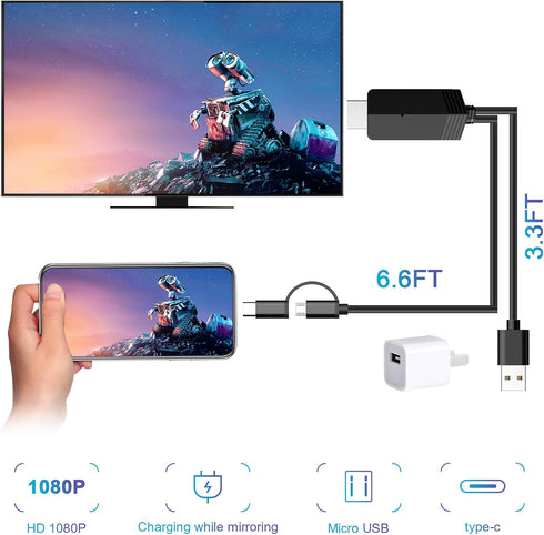 2-in-1 HDMI Cable for Android Phones & Tablets, 6.6ft MHL Adapter, 1080P HDTV Mirroring & Charging, USB Type C & Micro