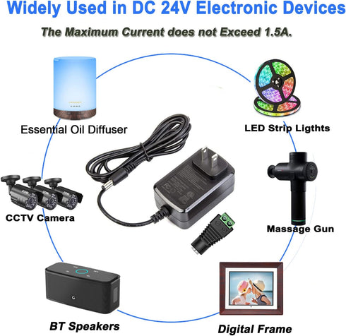 TKDY 24V Power Supply for LED Strip Lights, 24Vdc 1.5A AC Adapter Charger Cord for 24 Volt Devices