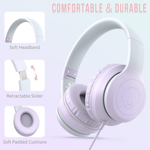 rockpapa L22 Wired Headphones for Kids Girls Boys Women with Microphone, Foldable Stereo 3.5mm Corded Headphones for School Classroom Chromebooks Computer Laptop Phone Airplane (Purple)