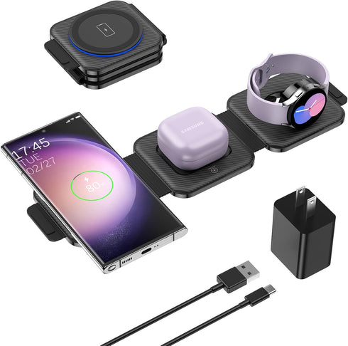 Travel Charger for Samsung Multi Devices, Foldable 3 in 1 Wireless Charging Station for Galaxy S24Ultra/S23/S22