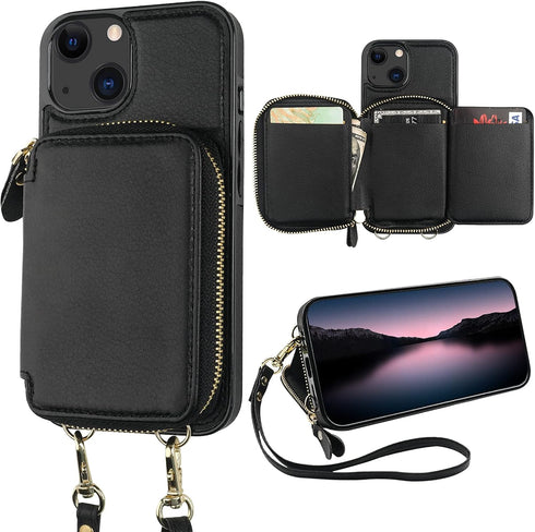 Bocasal RFID Blocking Wallet Case for iPhone 14/13, Adjustable Crossbody Zipper Purse with Kickstand