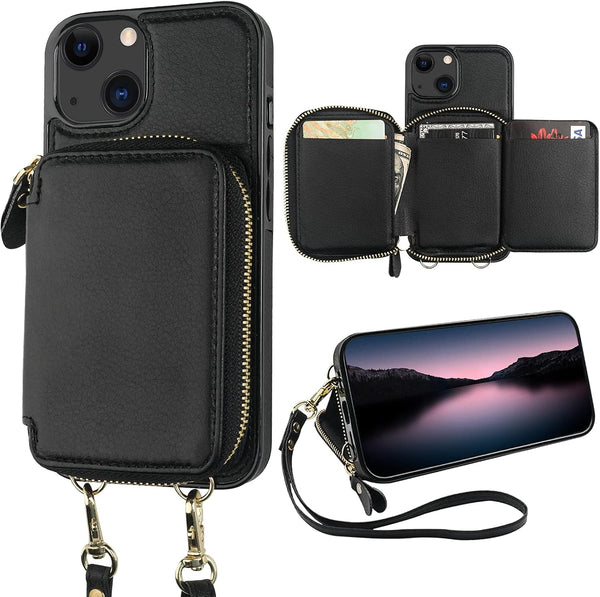 Bocasal RFID Blocking Wallet Case for iPhone 14/13, Adjustable Crossbody Zipper Purse with Kickstand