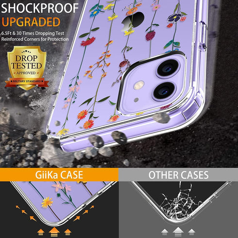 GiiKa iPhone 12 Case with Screen Protector, Clear Floral Shockproof Hard Case with TPU Bumper for iPhone 12