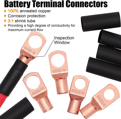 4 Gauge Wire (25ft Black + 25ft Red) Copper Clad Aluminum CCA, 20PCS Lugs, 20PCS Heat Shrink Tubing, 100A ANL Fuse
