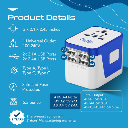 Ceptics Universal Travel Adapter Plug with 4 USB Ports - Charge Cell Phones, Smart Watches, iPhones - For International