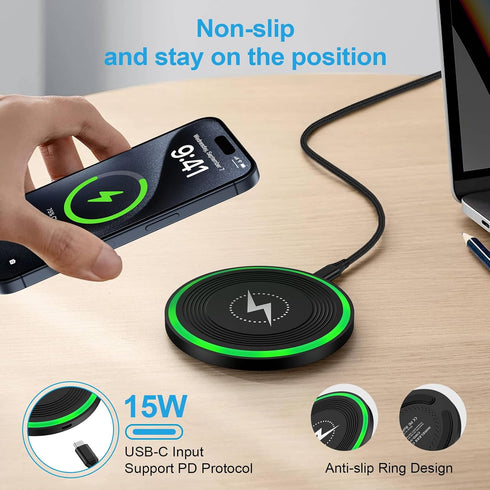 15W Wireless Charger Pad with Adapter for Motorola G Power 2024 Edge 50 Ultra, Samsung Galaxy S24 Ultra, iPhone 15