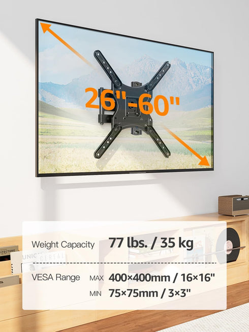 ELIVED 26-60 Inch 400x400, 77 lbs. Full Motion TV Wall Mount for Most TVs, Articulating Arms Swivel and Tilt tv Mount