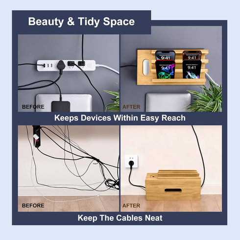 Osmudax Bamboo Charging Station for Multiple Devices, Cable Management Box for Power Strip, USB Charger & USB Charging