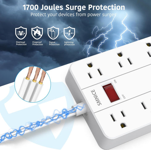 Power Strip with USB - Surge Protector Flat Plug with 8 Outlets & 6 USB Ports, 5ft Extension Cord